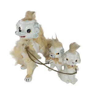 Vintage Ceramic Poodle Family Figurines Chain Fur Accents Japan